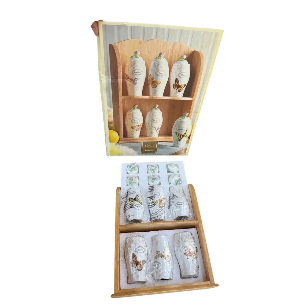 Lenox Butterfly Meadow Spice Rack Set with Jars & Shelf With Box 2000s